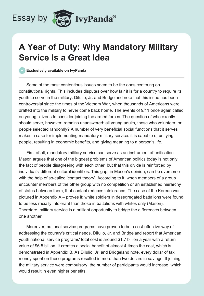 A Year of Duty: Why Mandatory Military Service Is a Great Idea. Page 1