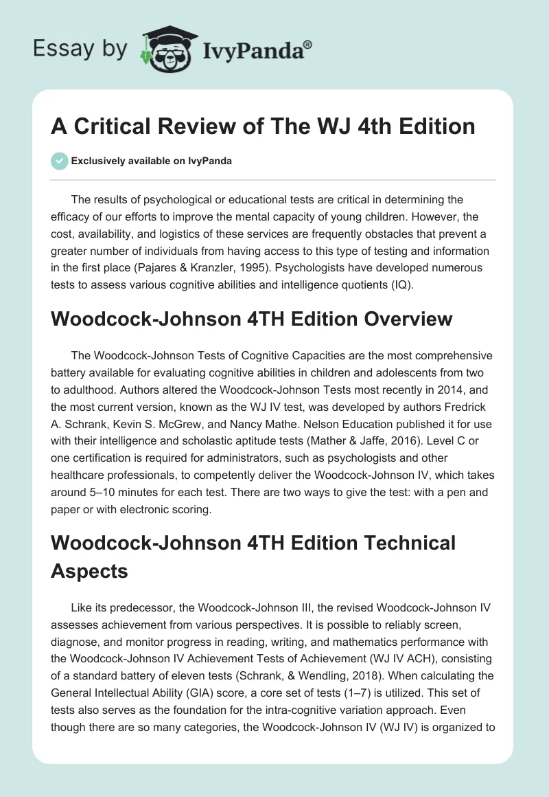 A Critical Review of "The WJ 4th Edition". Page 1