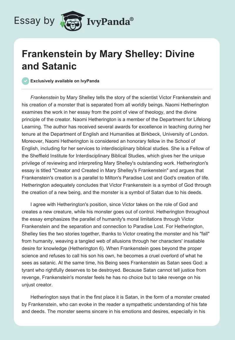Frankenstein by Mary Shelley: Divine and Satanic. Page 1