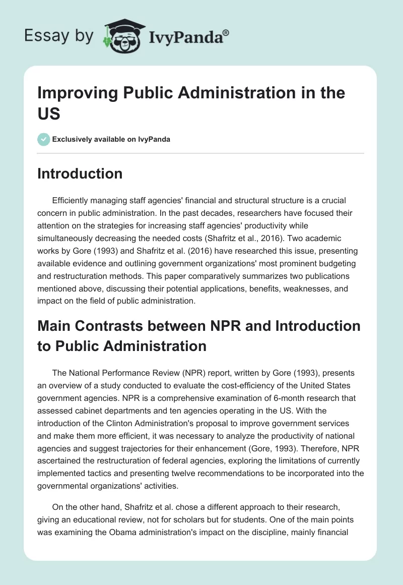 Improving Public Administration in the US. Page 1
