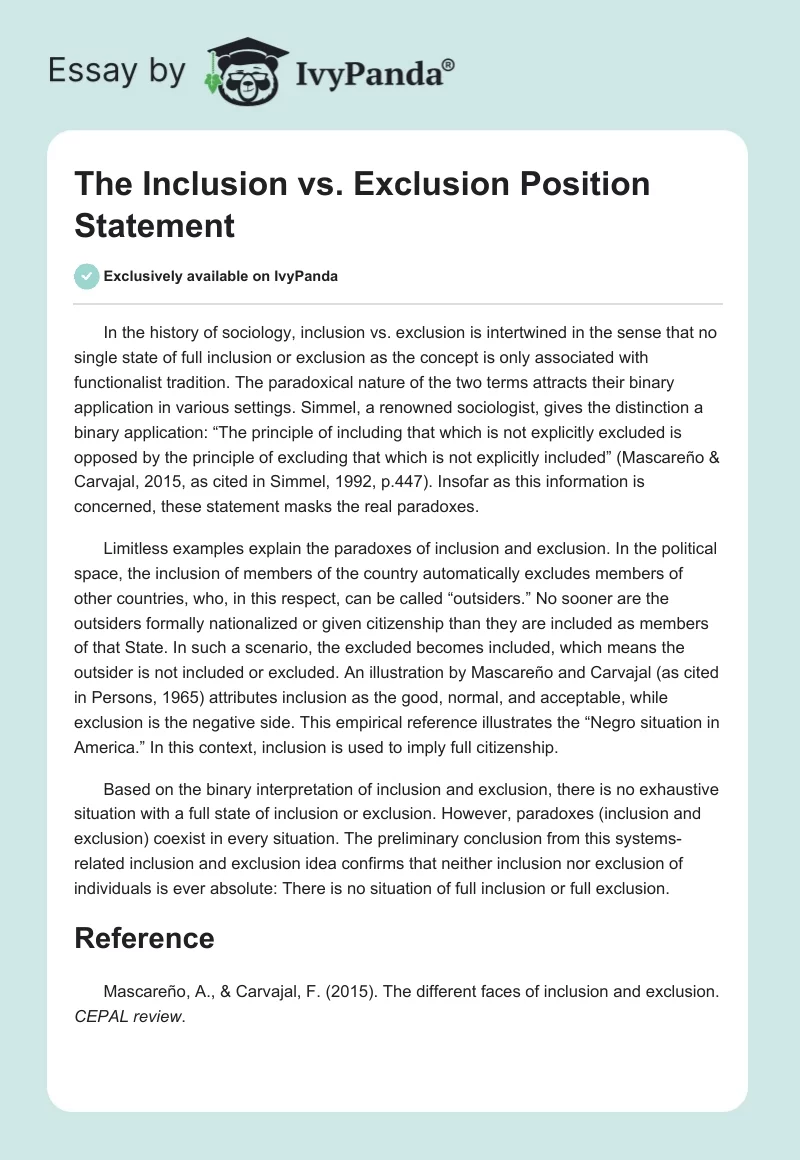 The Inclusion vs. Exclusion Position Statement. Page 1