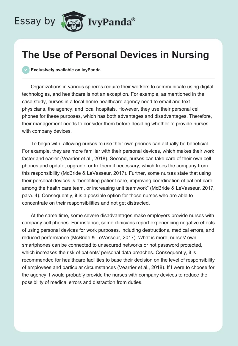 The Use of Personal Devices in Nursing. Page 1