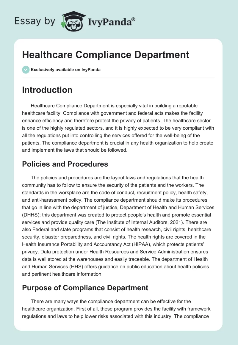 Healthcare Compliance Department. Page 1