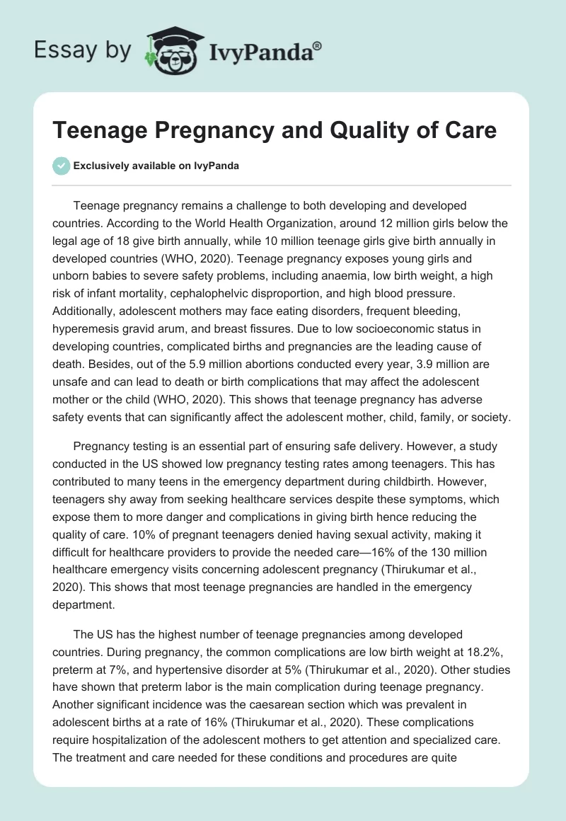 Teenage Pregnancy and Quality of Care. Page 1