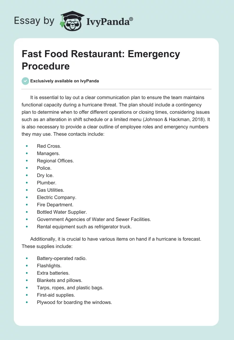 Fast Food Restaurant: Emergency Procedure. Page 1