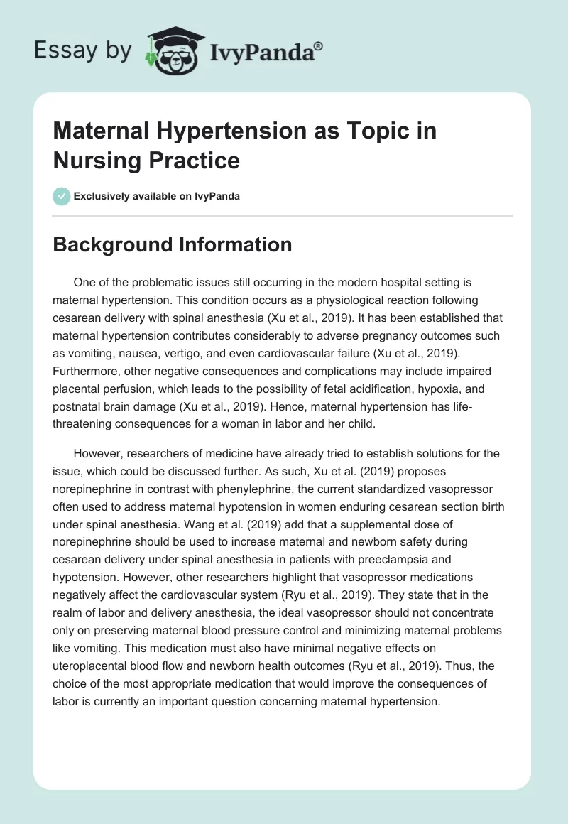 Maternal Hypertension as Topic in Nursing Practice. Page 1