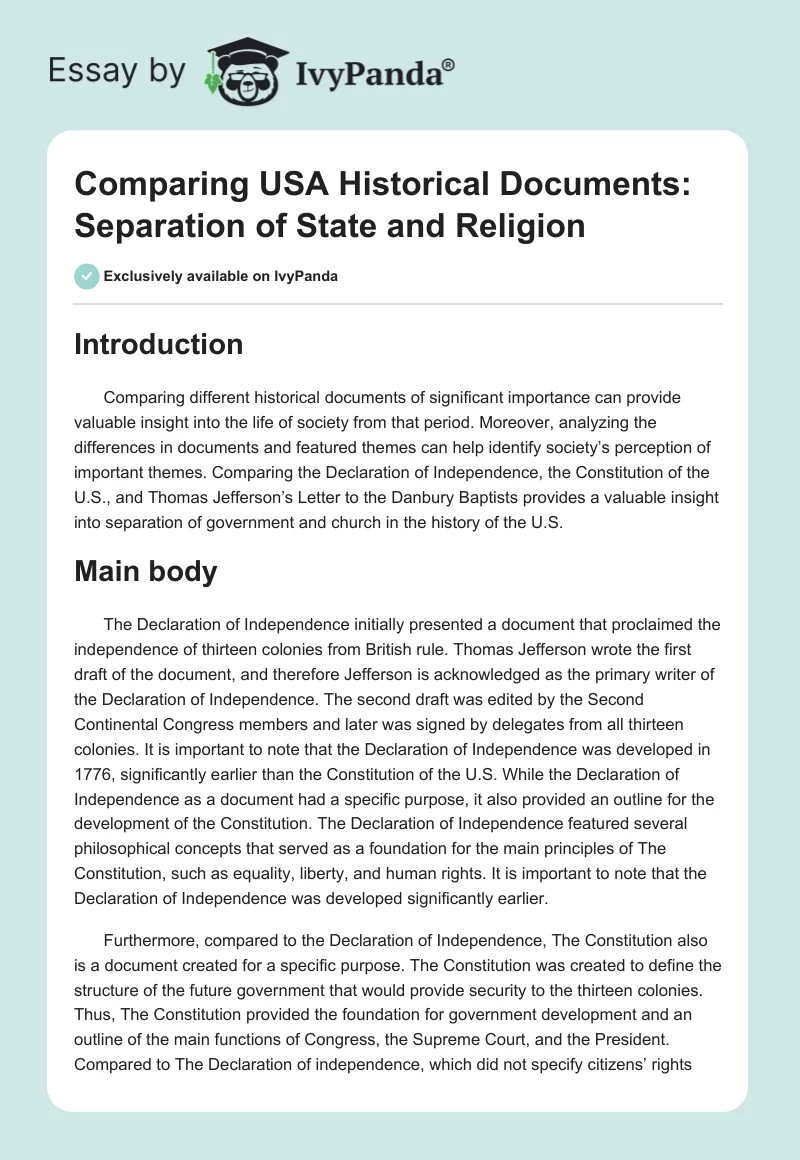 Comparing USA Historical Documents: Separation of State and Religion. Page 1