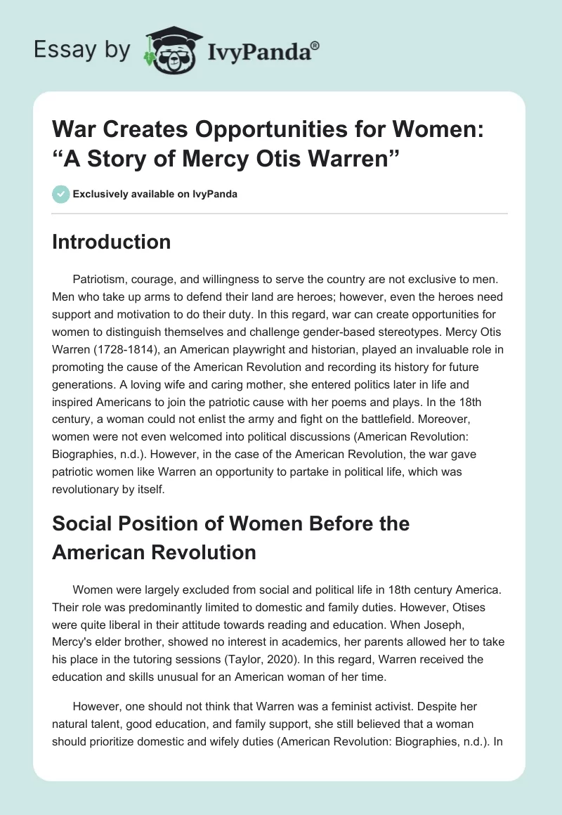 War Creates Opportunities for Women: “A Story of Mercy Otis Warren”. Page 1