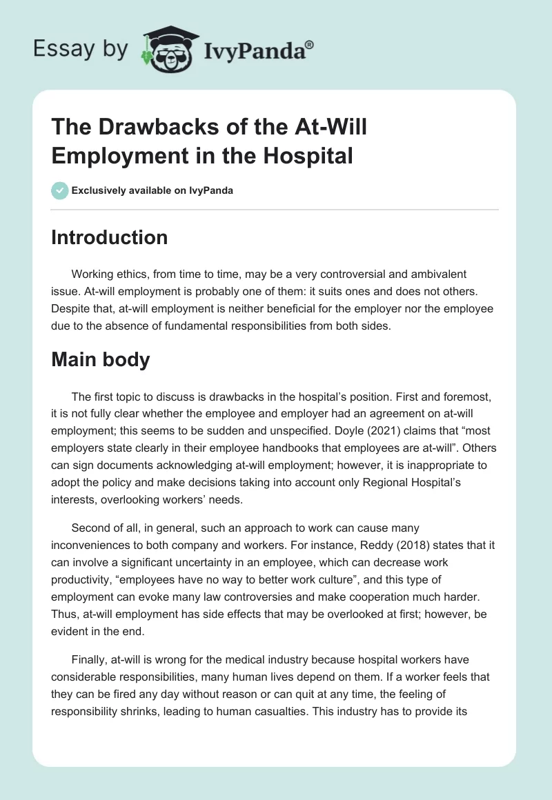 The Drawbacks of the At-Will Employment in the Hospital. Page 1