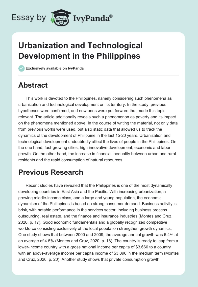 Urbanization and Technological Development in the Philippines. Page 1