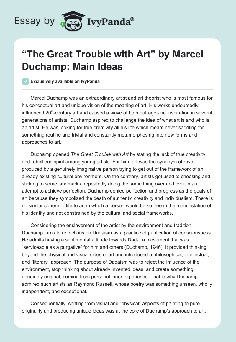 “The Great Trouble with Art” by Marcel Duchamp: Main Ideas. Page 1