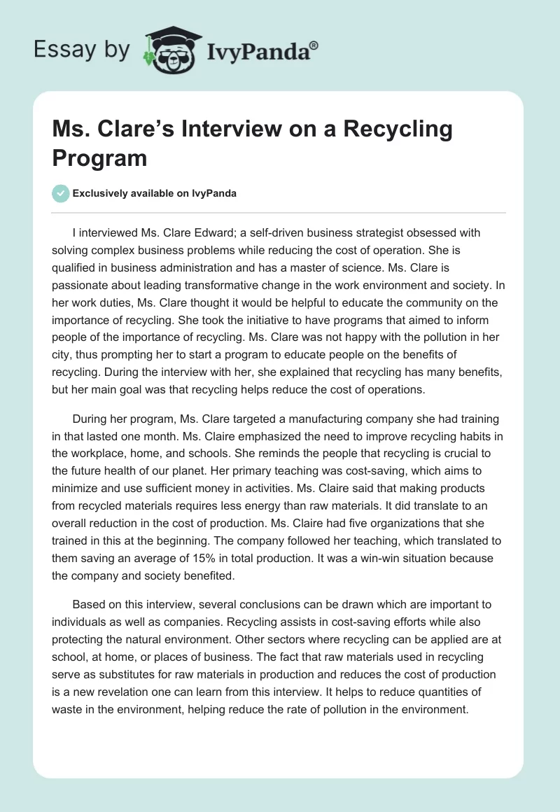 Ms. Clare’s Interview on a Recycling Program. Page 1