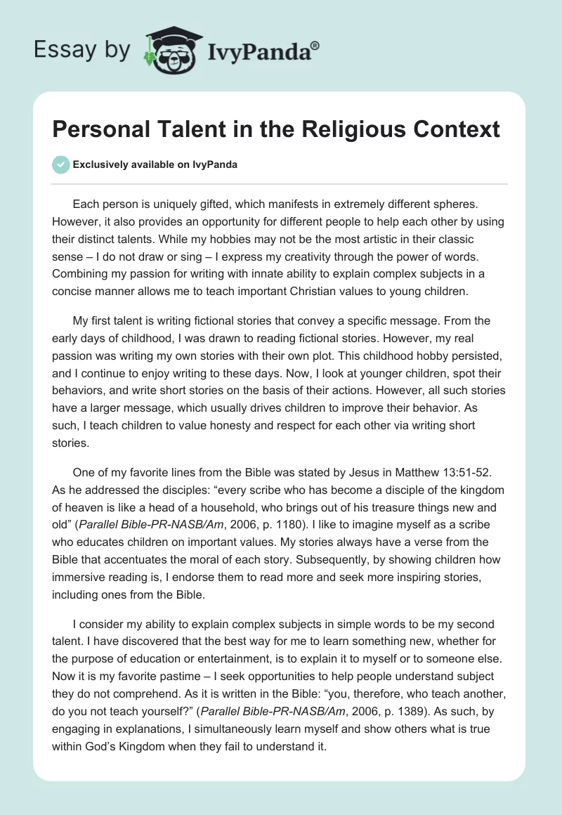Personal Talent in the Religious Context. Page 1