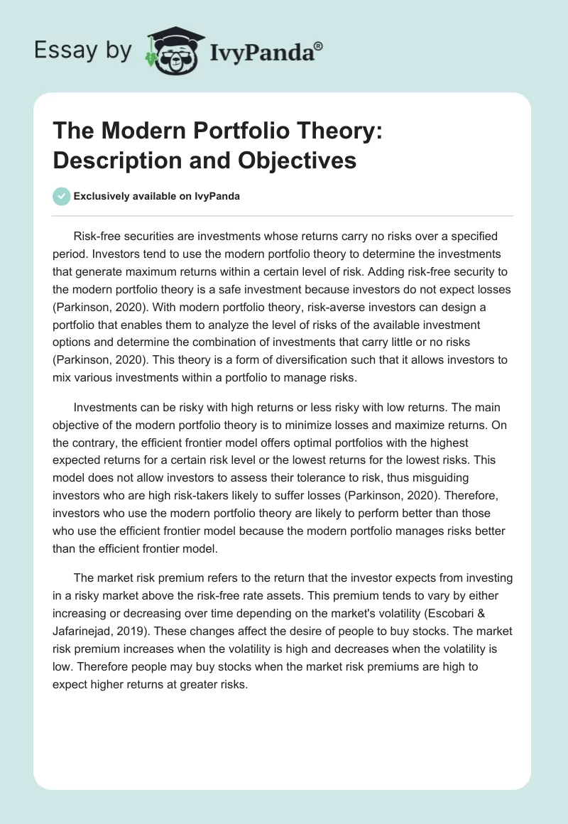 The Modern Portfolio Theory: Description and Objectives. Page 1