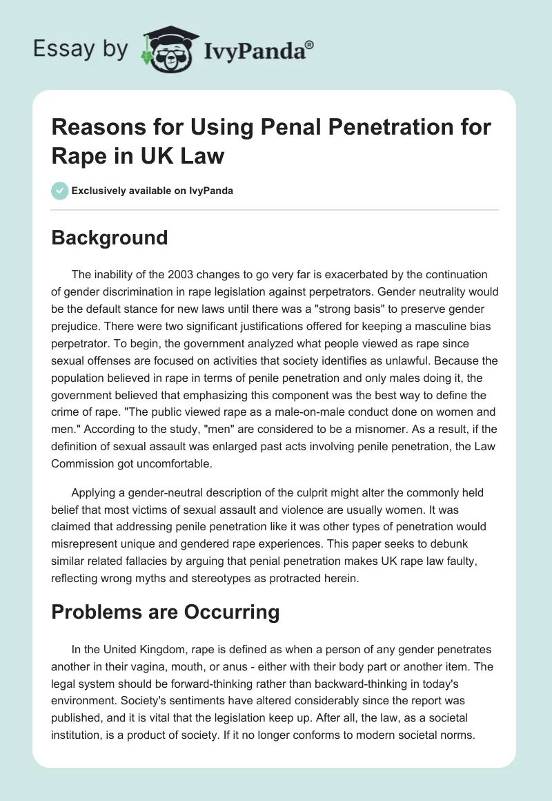 Reasons for Using Penal Penetration for Rape in UK Law. Page 1