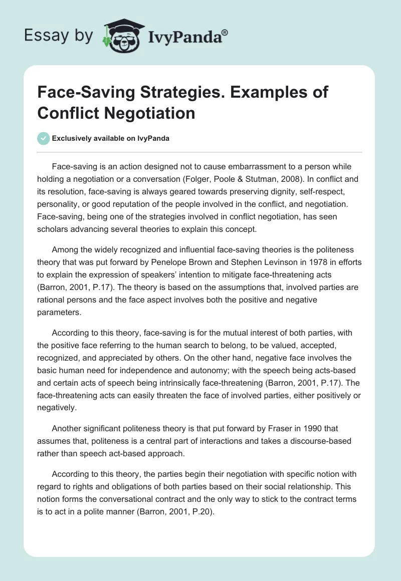 Face-Saving Strategies. Examples of Conflict Negotiation. Page 1