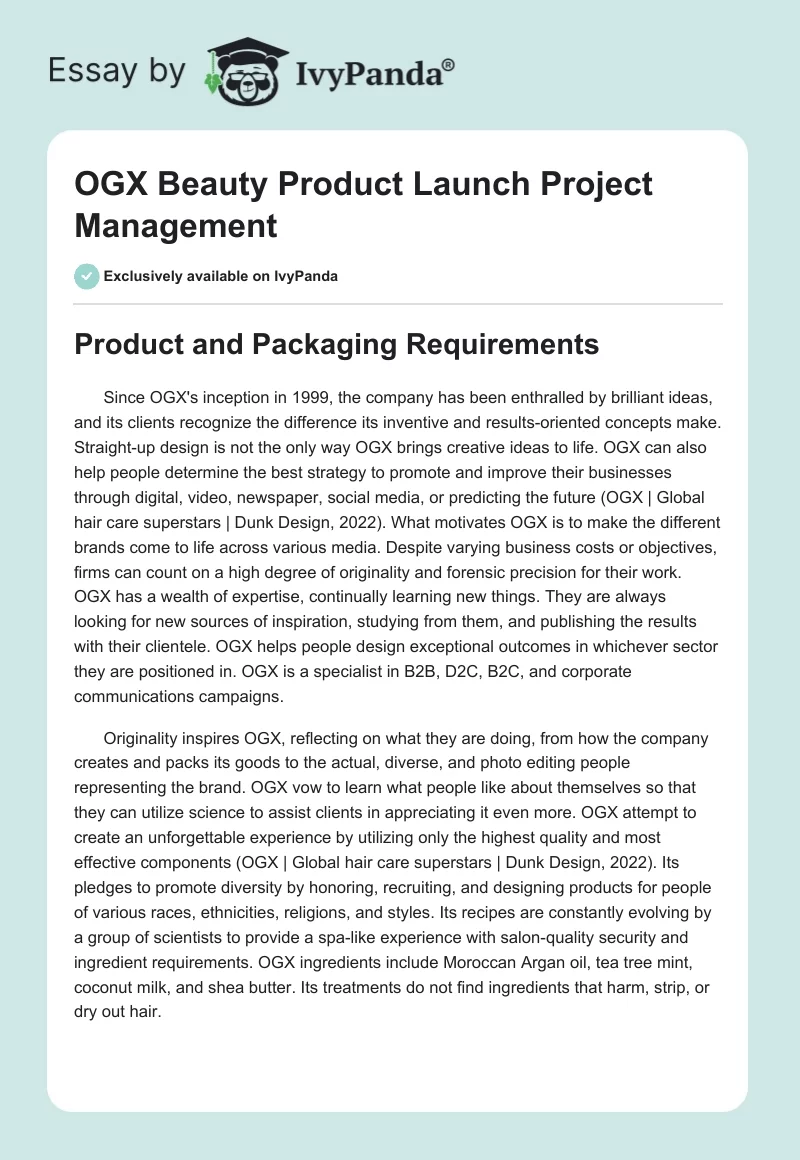 OGX Beauty Product Launch Project Management. Page 1
