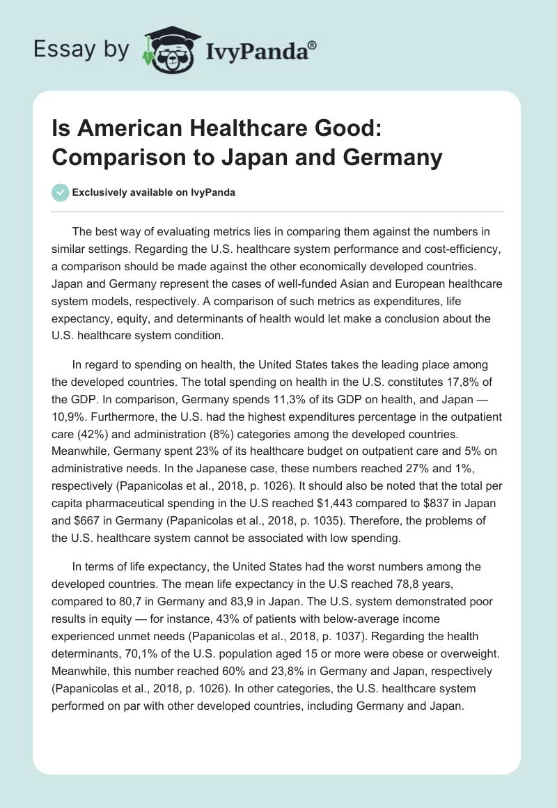 Is American Healthcare Good: Comparison to Japan and Germany. Page 1