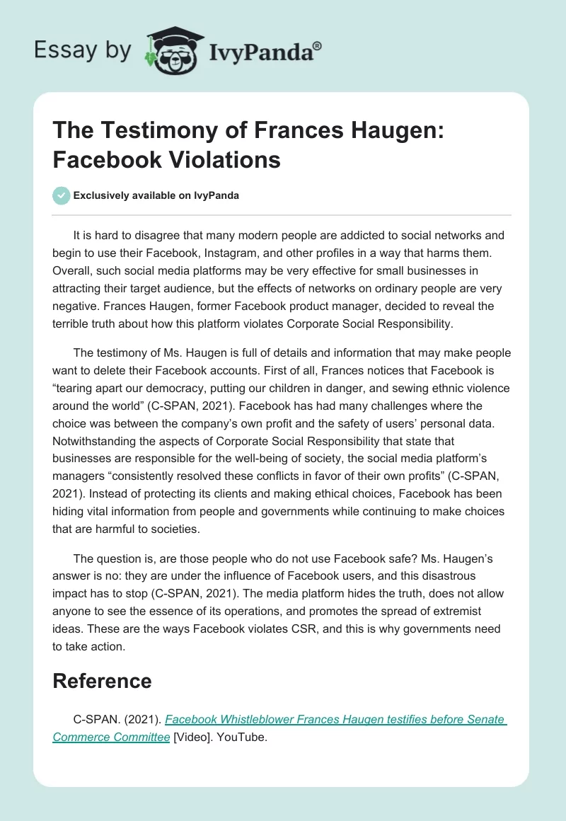 The Testimony of Frances Haugen: Facebook Violations. Page 1