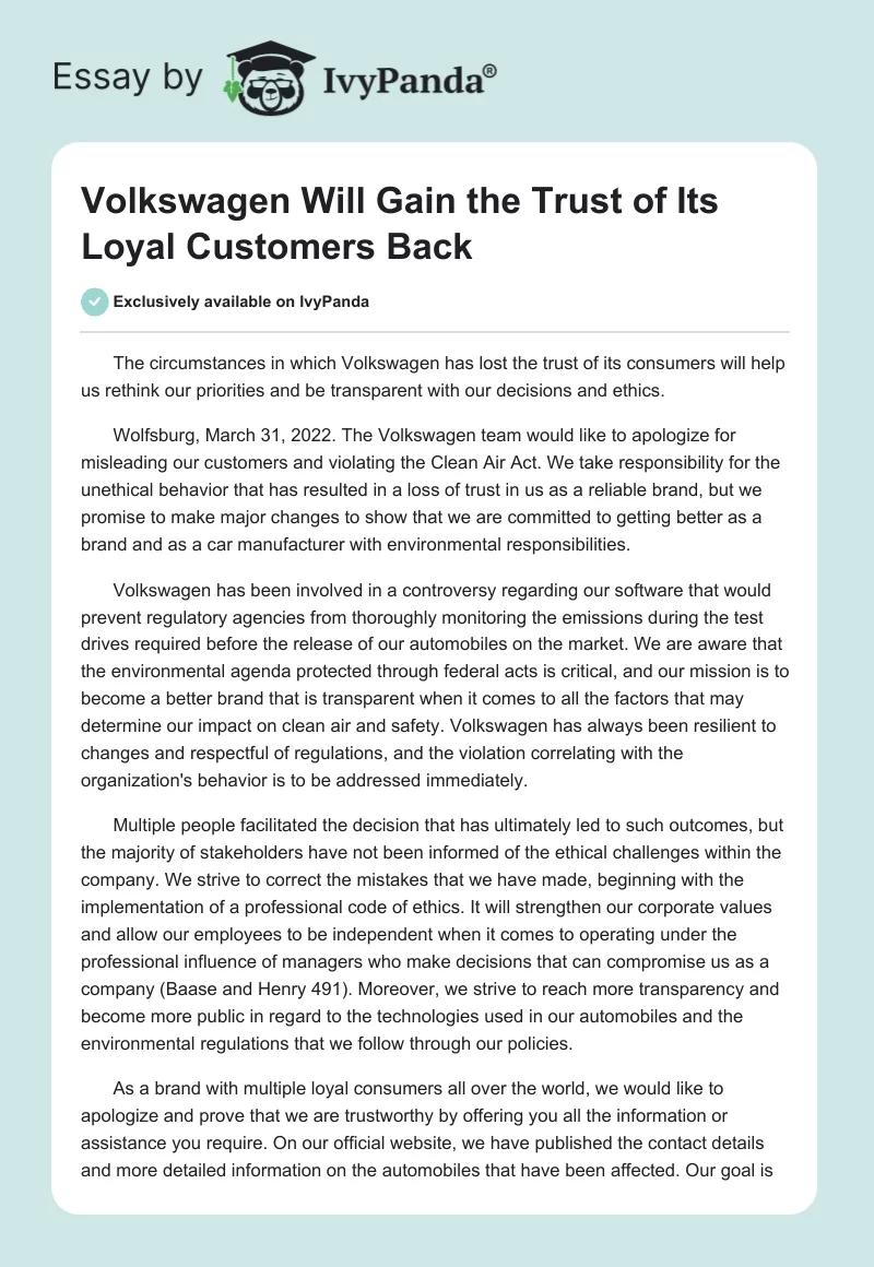 Volkswagen Will Gain the Trust of Its Loyal Customers Back. Page 1