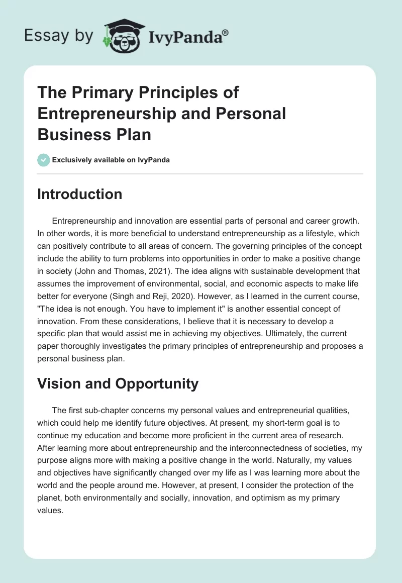 The Primary Principles of Entrepreneurship and Personal Business Plan. Page 1