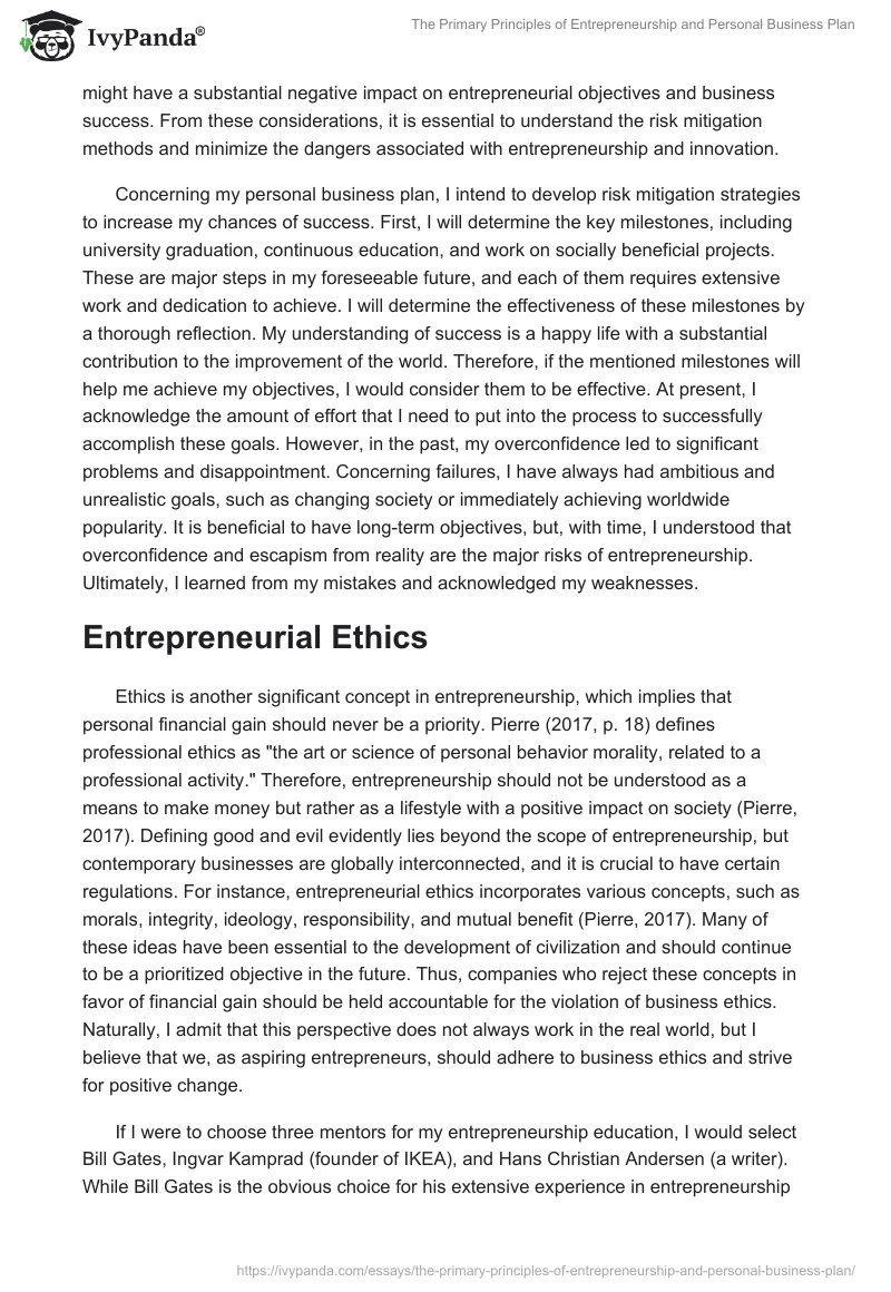 The Primary Principles of Entrepreneurship and Personal Business Plan. Page 4