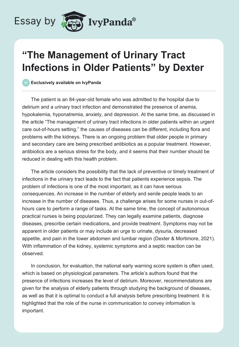 “The Management of Urinary Tract Infections in Older Patients” by Dexter. Page 1
