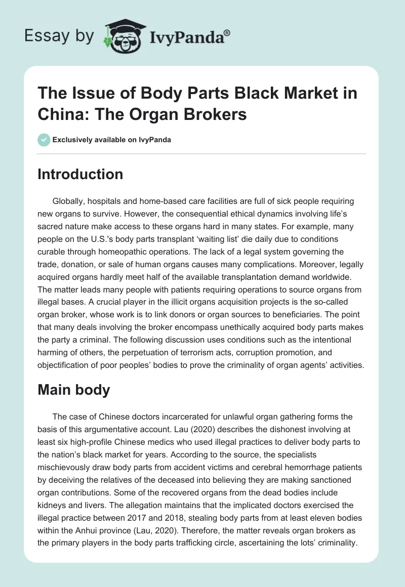 The Issue of Body Parts Black Market in China: The Organ Brokers. Page 1
