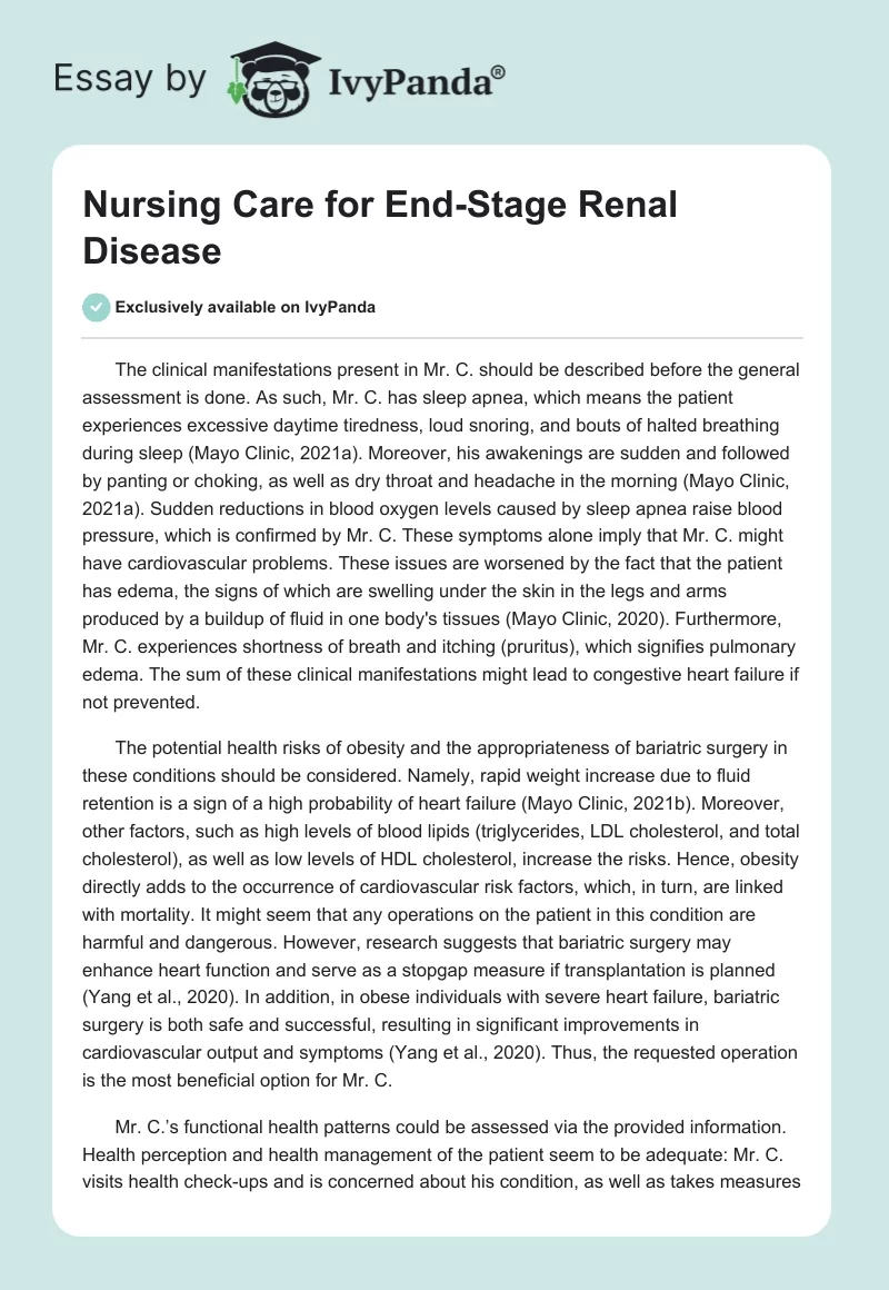Nursing Care for End-Stage Renal Disease. Page 1