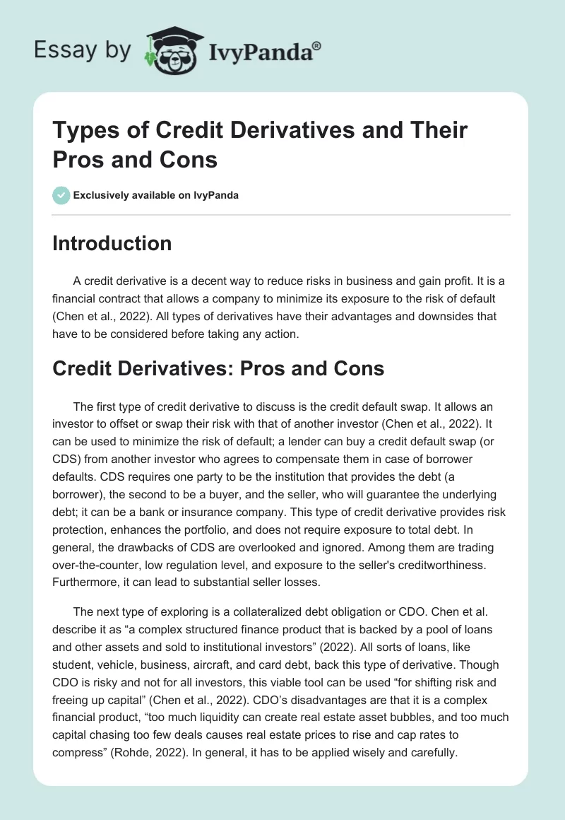 Types of Credit Derivatives and Their Pros and Cons. Page 1
