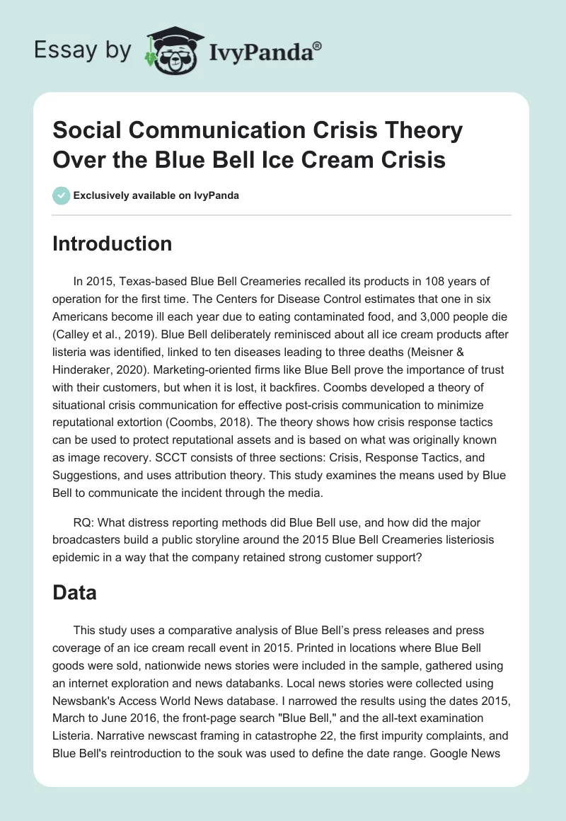 Social Communication Crisis Theory Over the Blue Bell Ice Cream Crisis. Page 1