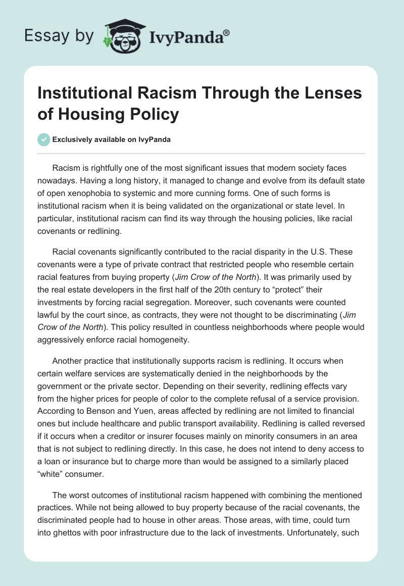 Institutional Racism Through the Lenses of Housing Policy. Page 1