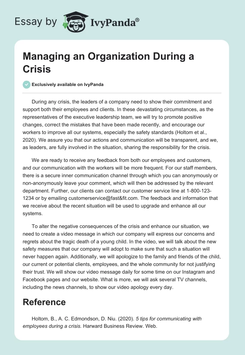 Managing an Organization During a Crisis. Page 1