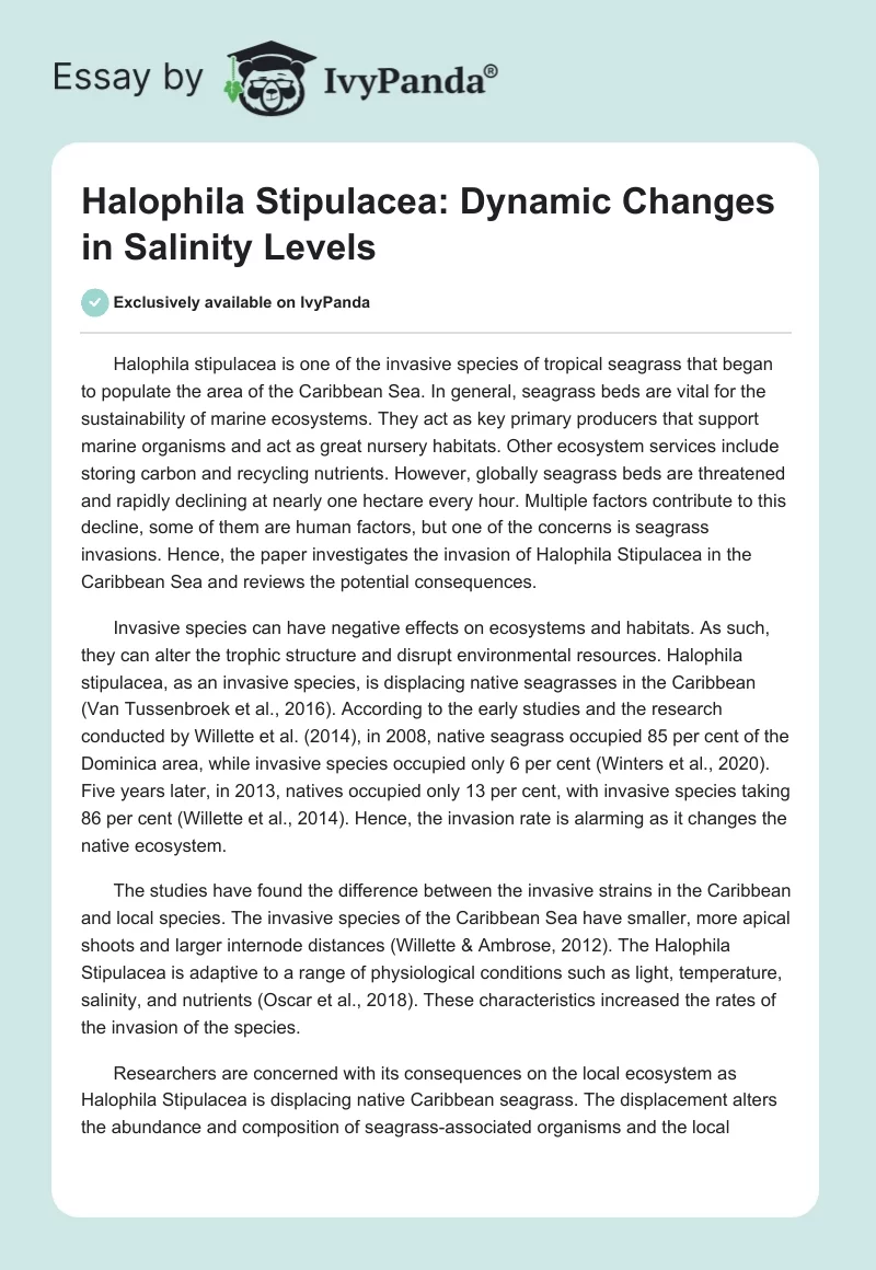 Halophila Stipulacea: Dynamic Changes in Salinity Levels. Page 1