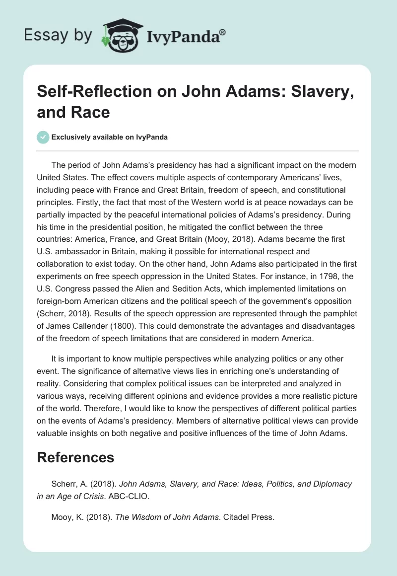 Self-Reflection on John Adams: Slavery and Race. Page 1