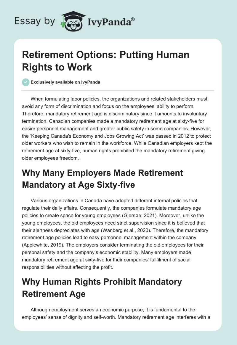 Retirement Options: Putting Human Rights to Work. Page 1