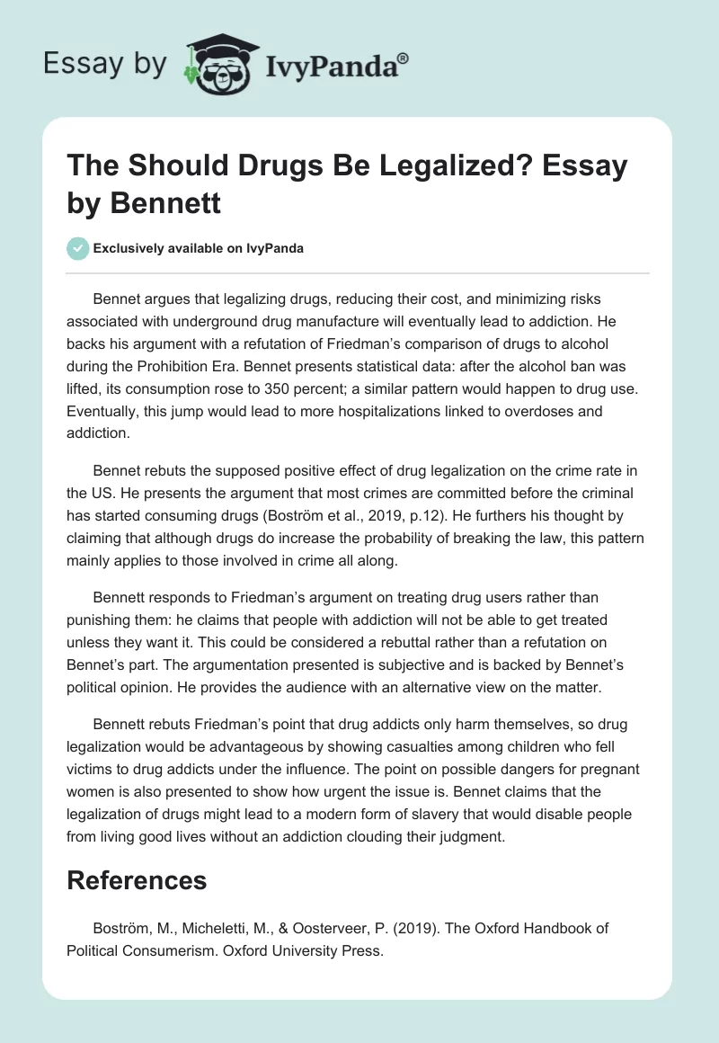 The "Should Drugs Be Legalized?" Essay by Bennett. Page 1