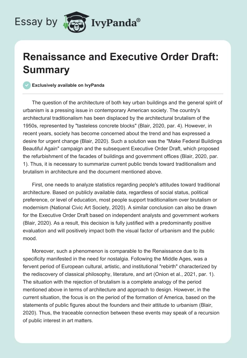 Renaissance and Executive Order Draft: Summary. Page 1