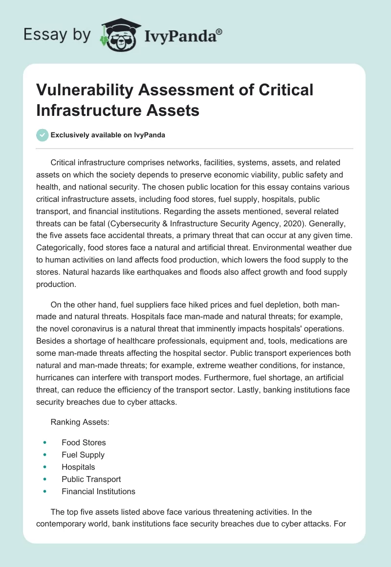 Vulnerability Assessment of Critical Infrastructure Assets. Page 1