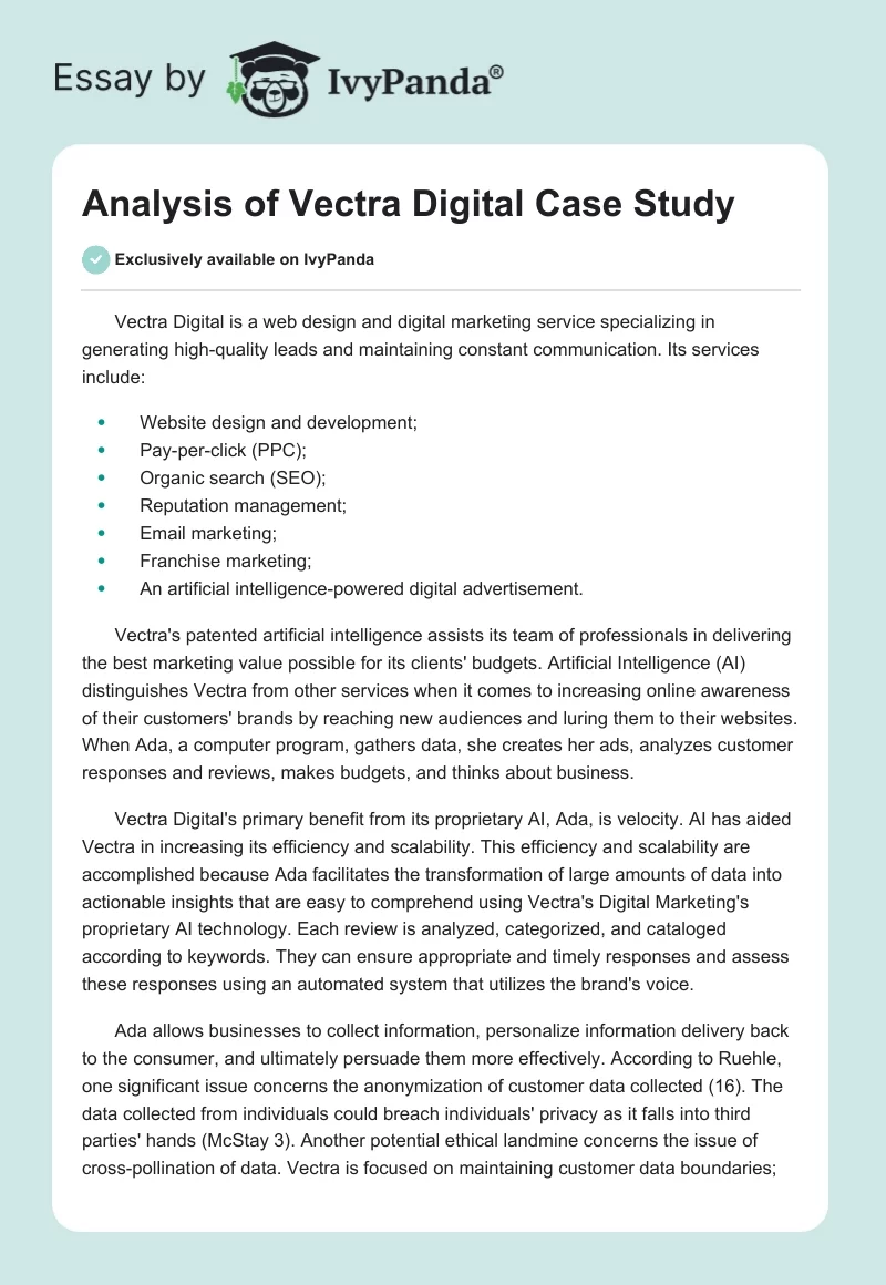 Analysis of Vectra Digital Case Study. Page 1