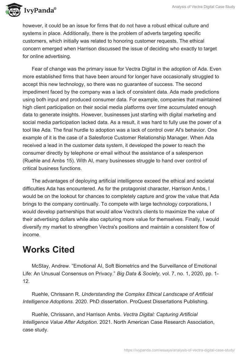 Analysis of Vectra Digital Case Study. Page 2