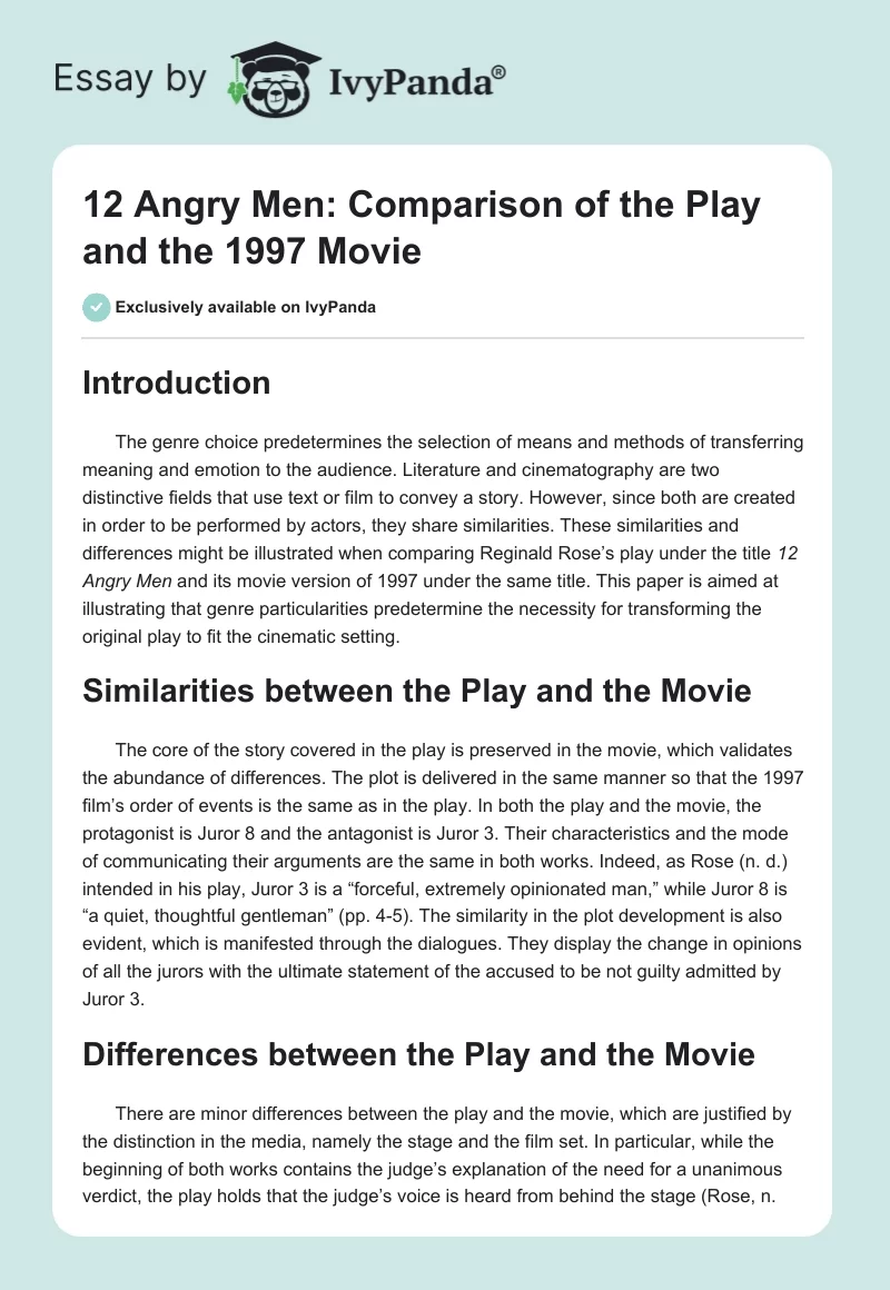 "12 Angry Men": Comparison of the Play and the 1997 Movie. Page 1