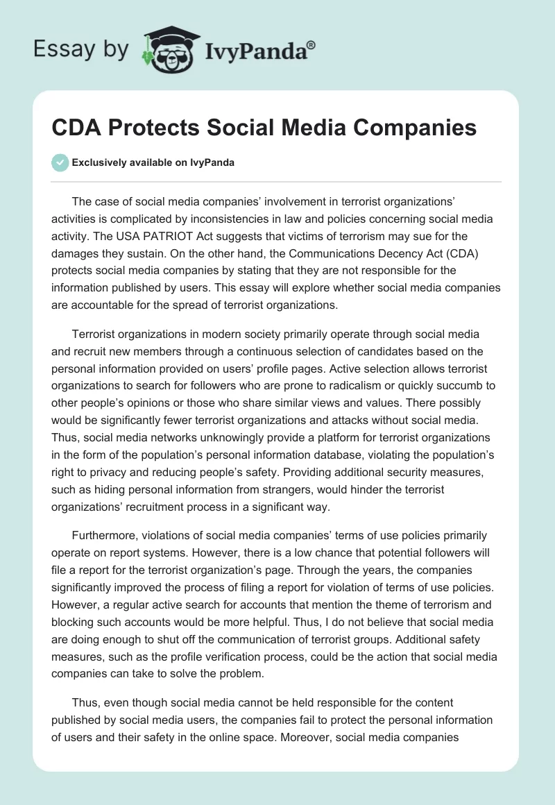 CDA Protects Social Media Companies. Page 1