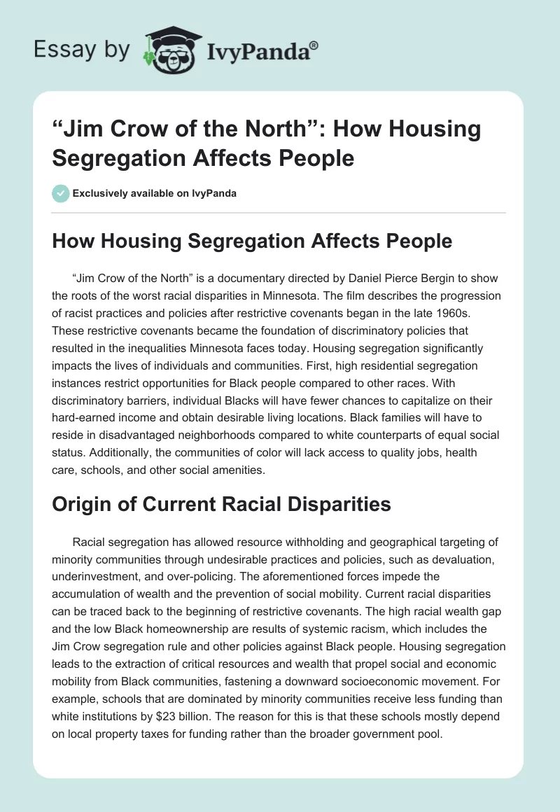 “Jim Crow of the North”: How Housing Segregation Affects People. Page 1