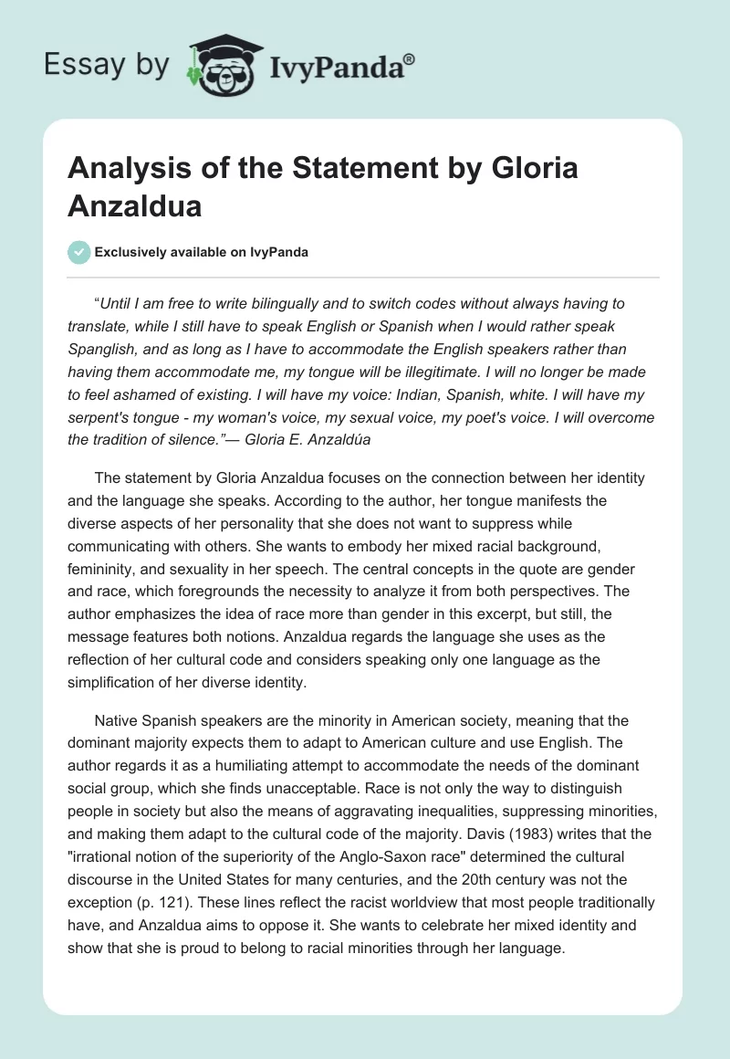 Analysis of the Statement by Gloria Anzaldua. Page 1