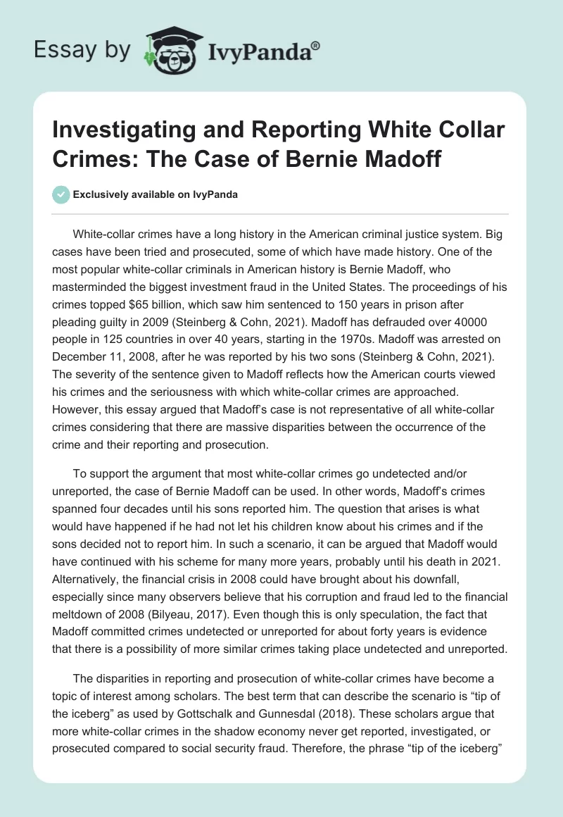 Investigating and Reporting White Collar Crimes: The Case of Bernie Madoff. Page 1