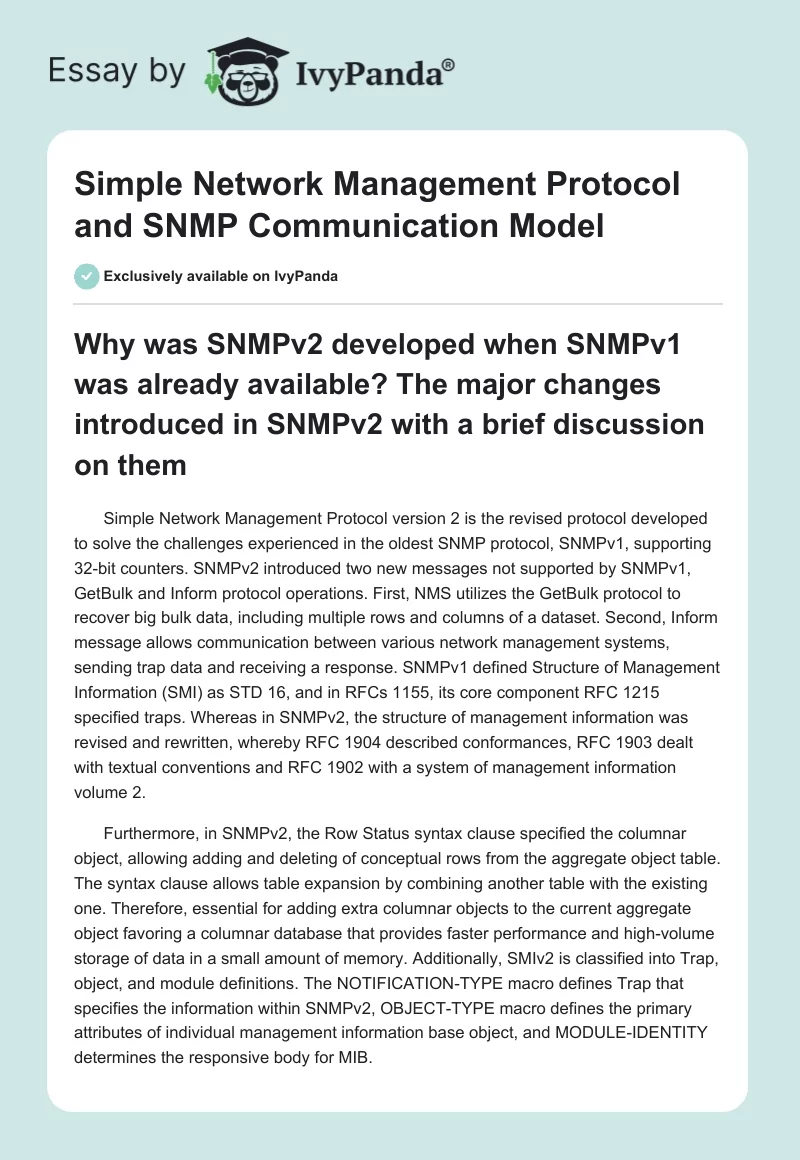 Simple Network Management Protocol and SNMP Communication Model. Page 1
