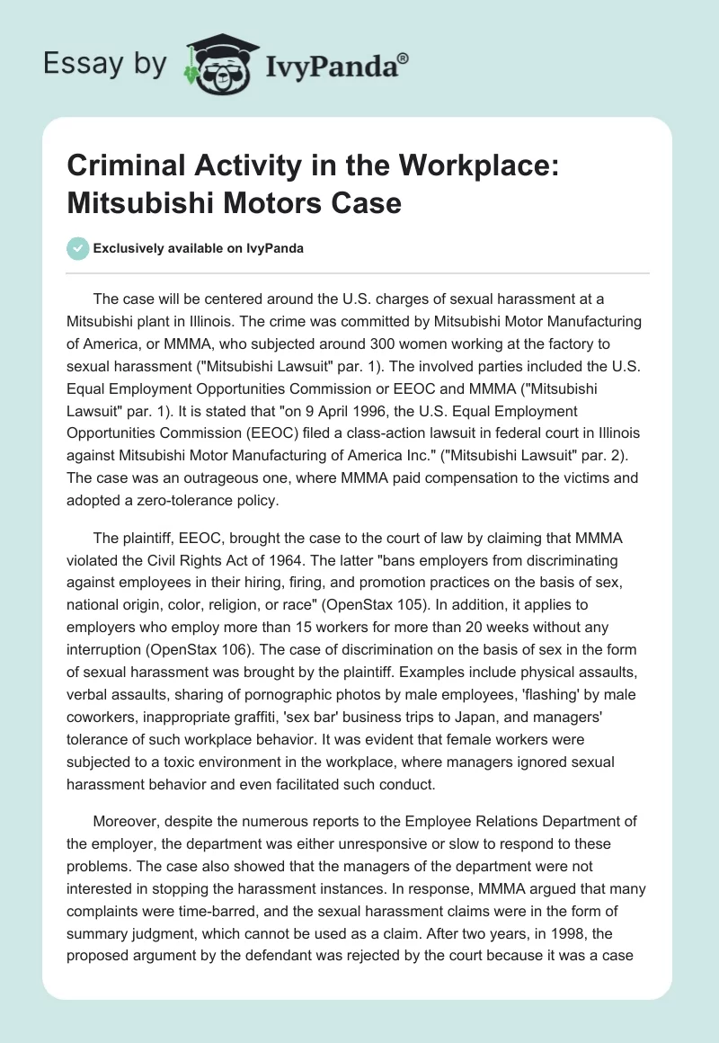 Criminal Activity in the Workplace: Mitsubishi Motors Case. Page 1