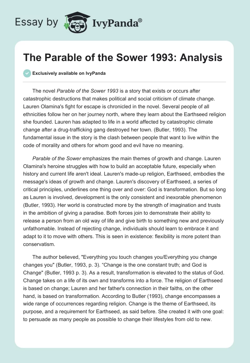 The Parable of the Sower 1993: Analysis. Page 1