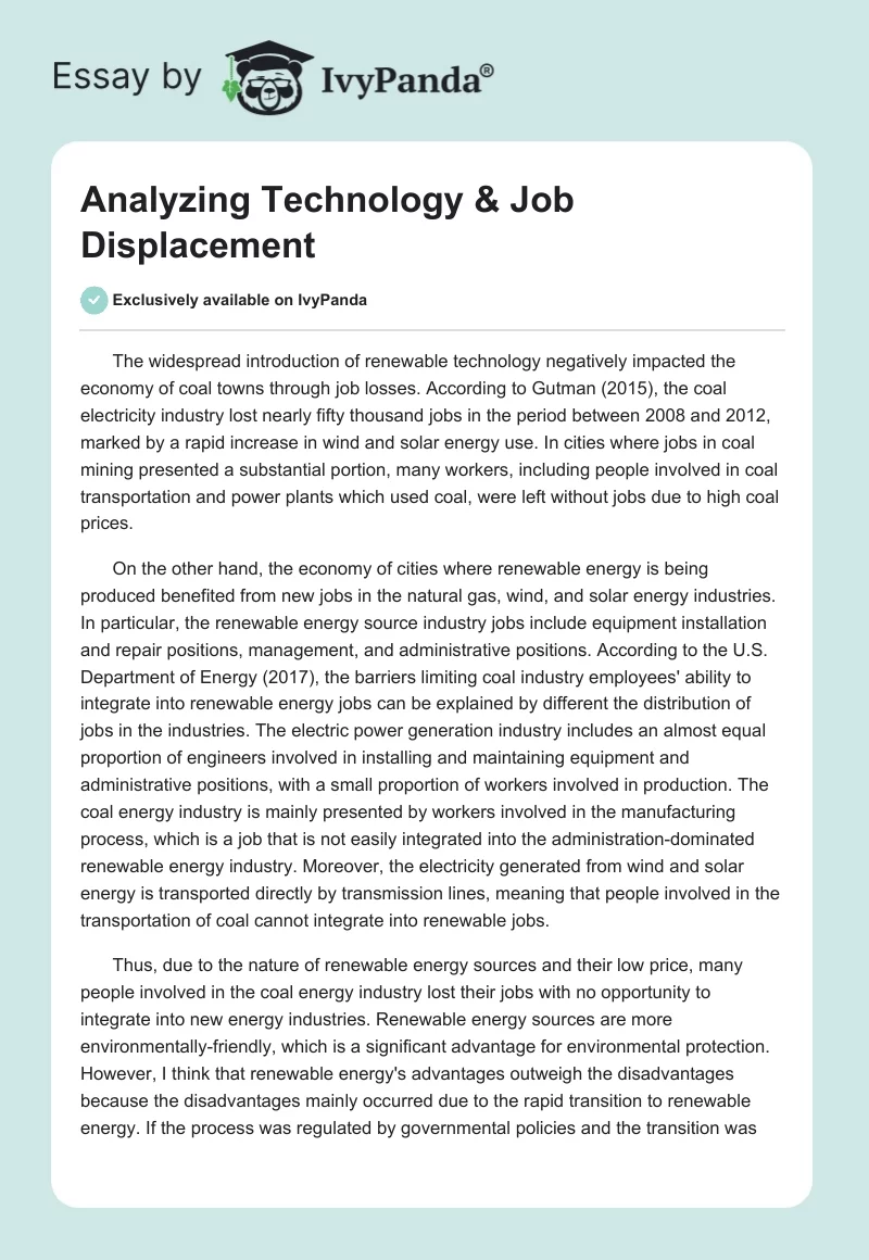 Analyzing Technology & Job Displacement. Page 1